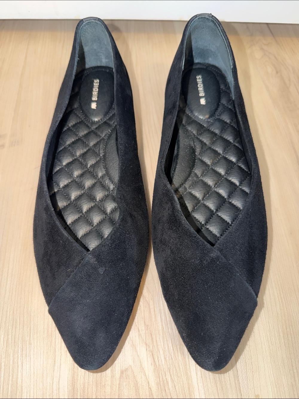 Birdies Black Suede Pointed Quilted Insole Flats